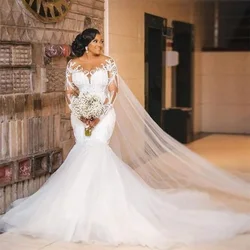 Abiti da sposa a sirena personalizzati Collo trasparente africano maniche lunghe Abito da sposa Dubai Applicazioni in pizzo vintage Vestido De Novia