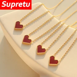 French Style Light Luxury Red Love Pendant Necklaces Simple Peach Heart Clavicle Chains Women Titanium Steel Plated Gold Jewelry
