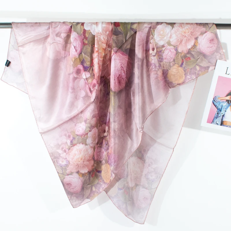 

Luxury 100% Mulberry Silk Square Scarf Pink Floral Rose Design Versatile Women's Neck Scarf Headband Bandana Fashion Accessory