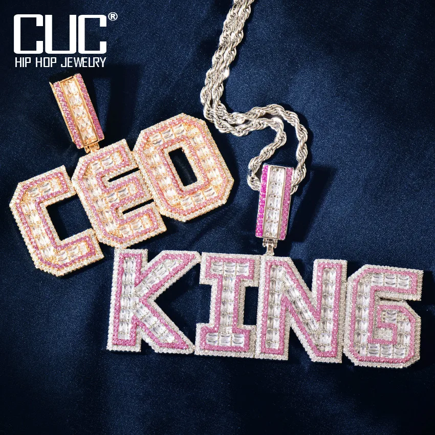 CUC Custom Pink CZ Letters Name Pendant Iced Out Square Cubic Zirconia Chain Necklace For Men Women Hip Hop Rapper Jewelry