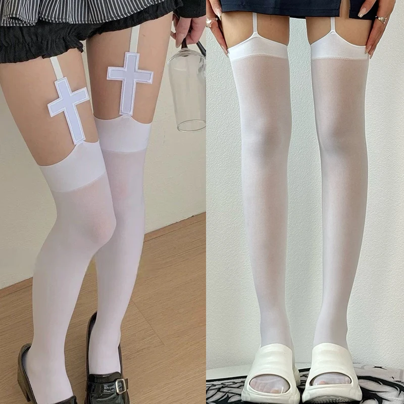 

Y2K Grils индивидуальные женские носки на подтяжках с крестом, летние тонкие чулки до бедра в стиле Лолиты, аниме, косплей, готические чулки выше колена