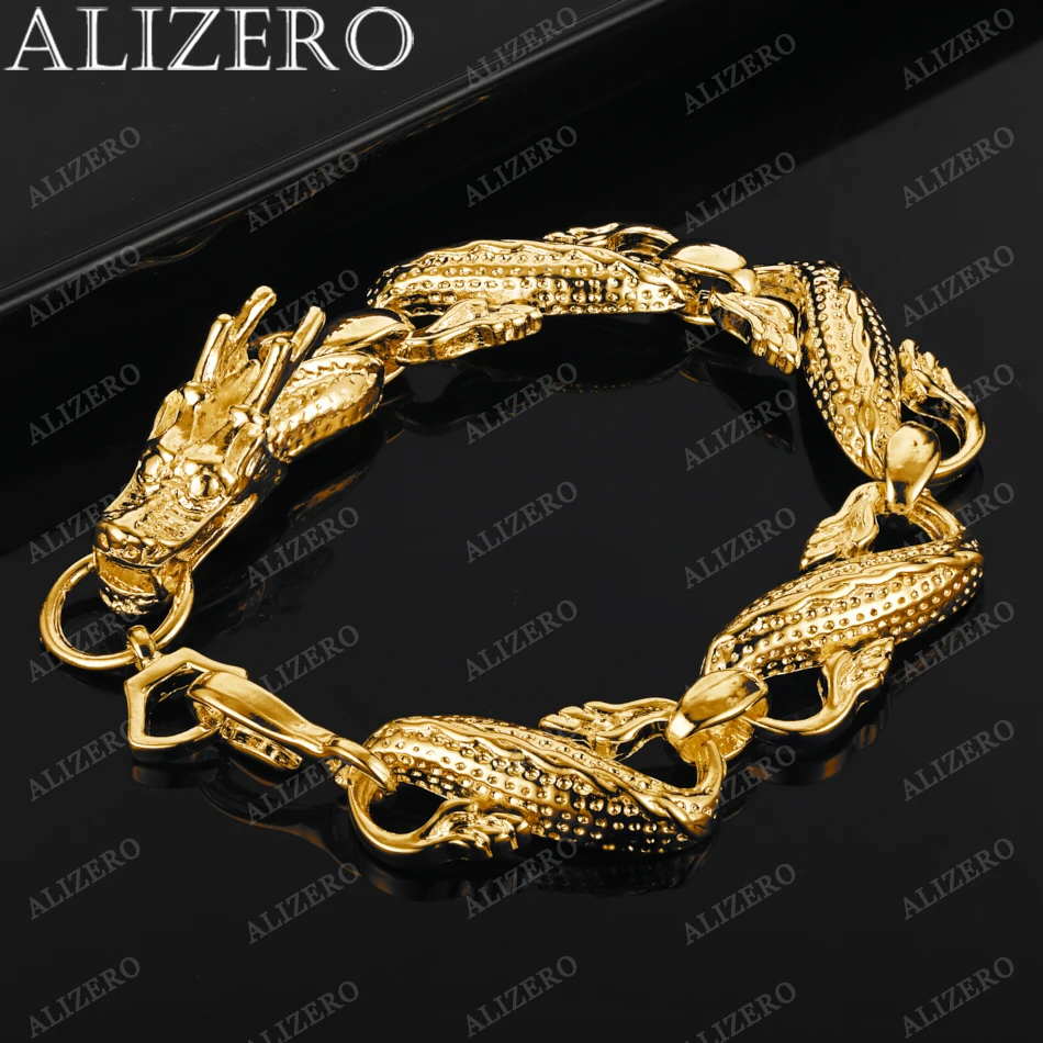 

ALIZERO 925 Sterling Silver Plated 18K Gold Dragon Head Bracelet For Men Noble Retro Domineering Accessories Charm Jewelry