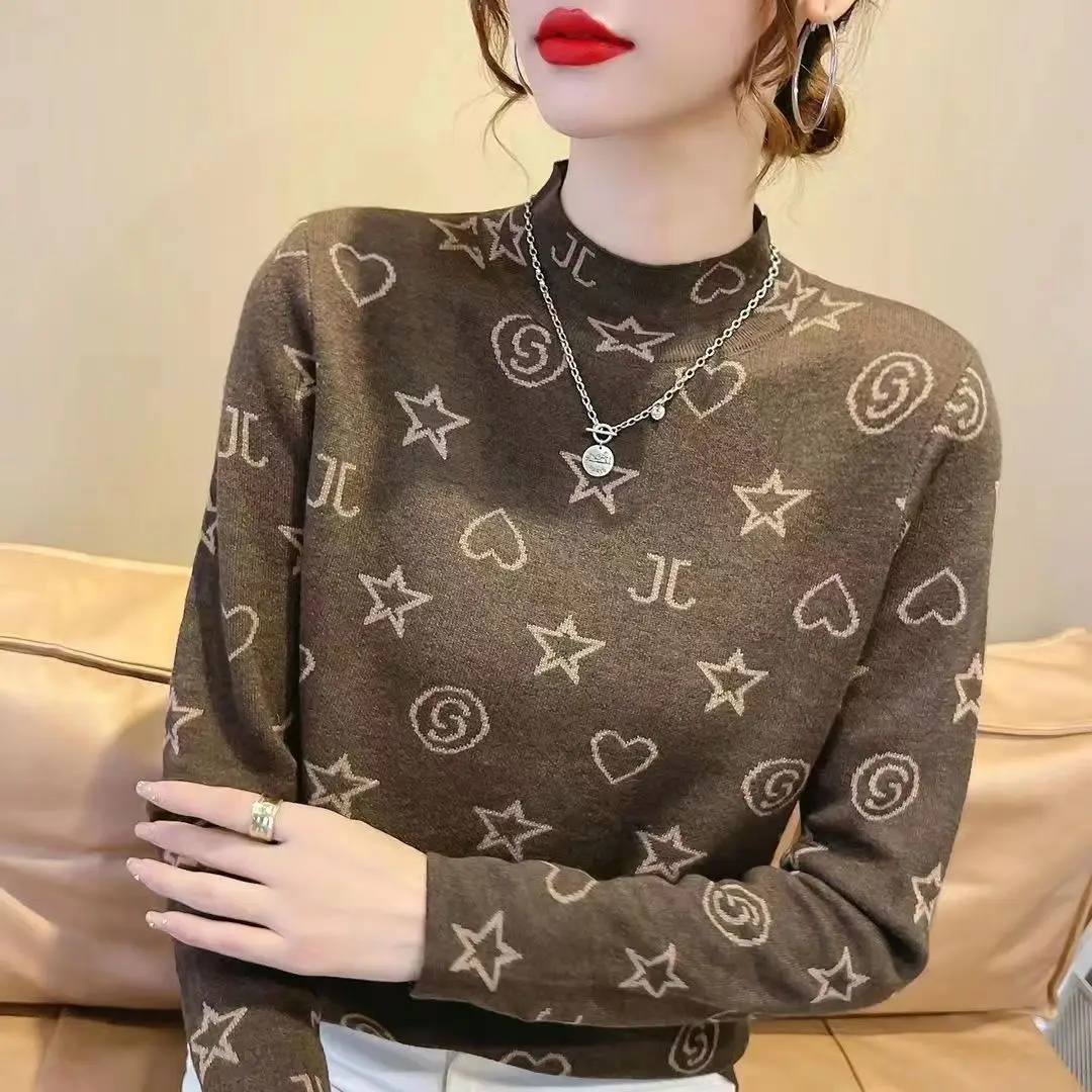 Autumn Office Lady Letter Slim Turtleneck Long Sleeve Bottoming Shirt Women Clothes Fashion Printing Pullovers Interior Lapping