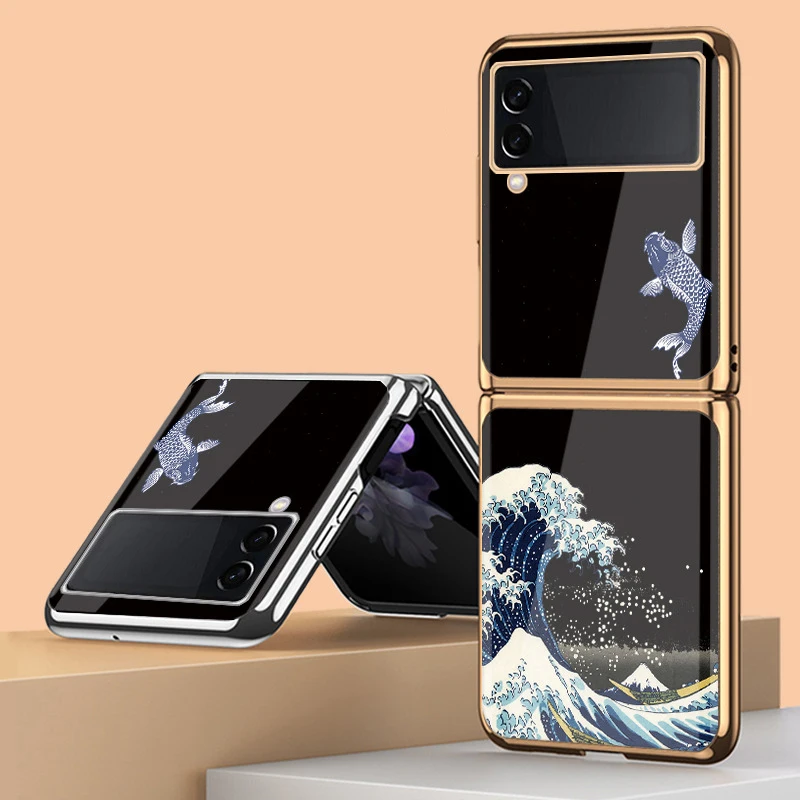 

Z Flip 4 Funda Case for Samsung Galaxy Z Flip 4 3 2 1 Surf Diving Plating Tempered Glass Coque Protection Phone Case Cover