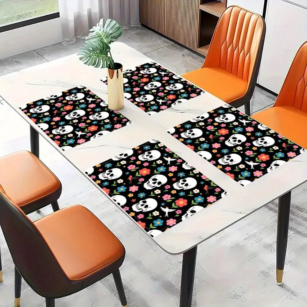 Set of 4 Placemats Measuring 45.72X30.48 cm, Featuring a Design of Skulls And Flowers, Suitable for Various Home Applications