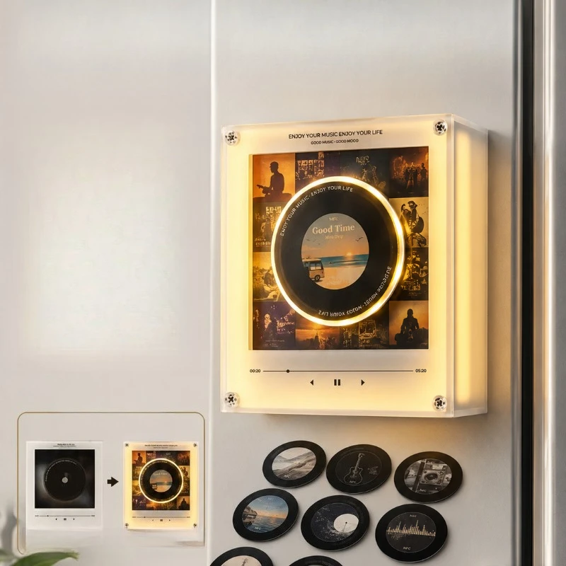 Creative magnetic music refrigerator sticker NFC induction record player audio rotating disc playing song album player ambient