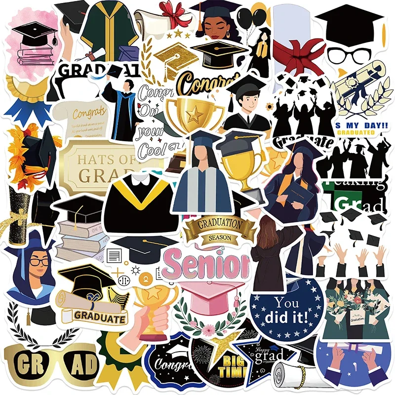 50PCS Graduation Season Decoration Stickers Decoration Luggage Guitar Laptop Celebrate Graduation Cartoon Graffiti Decals Toys