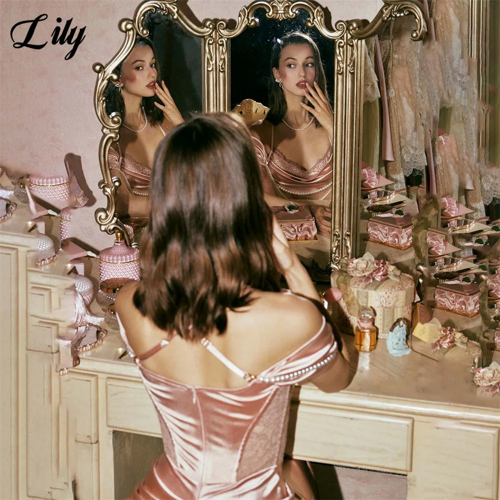 Gaun Pesta Lily Dusty Rose Model Off the Shoulder dengan Rantai Mutiara فساتين السهرة untuk Pernikahan yang Dapat Disesuaikan