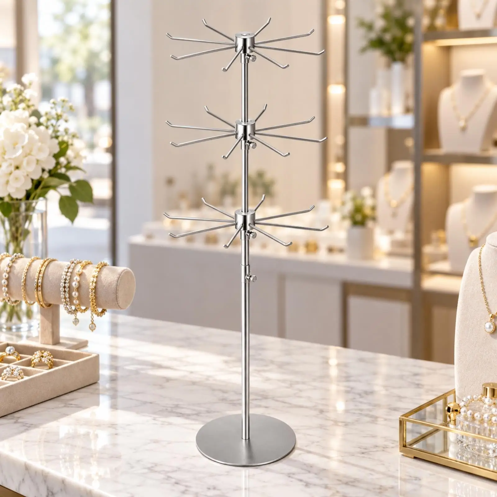 Jewelry Display Rack with Hanging Hooks Adjustable Height Bracelet and Necklace Display Stand Stainless Steel Jewelry Stand