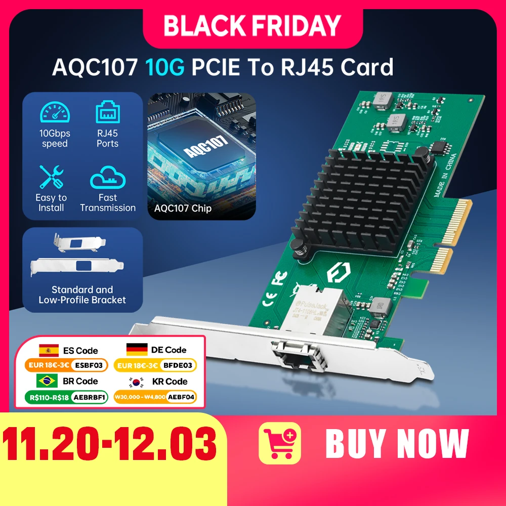 

Сетевая карта Wi-Fi 10G PCIE к RJ45 AQC107 PCIE X4 Gigabit Ethernet 10000 Мбит/с PCI Express LAN-адаптер для настольных ПК Sever
