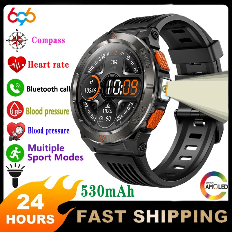 

1.43' Amoled Screen 530mAh Blue Tooth Call Smart Watch Men GPS Compass Waterproof Health Monitor Smartwatch Flashlight Sports