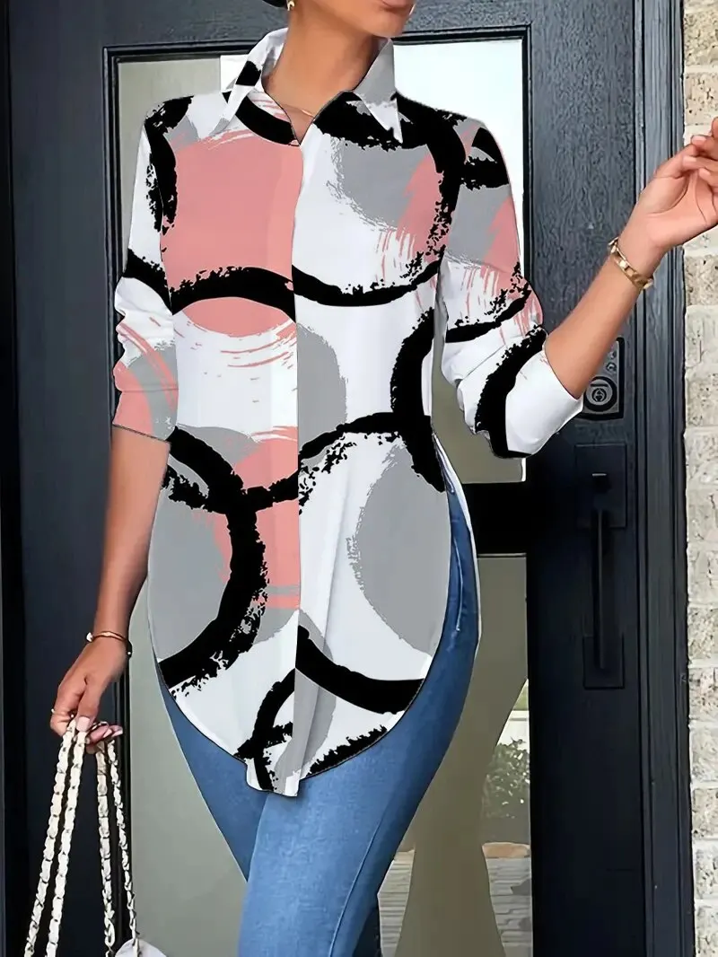 Chemise à manches longues pour femmes, chemisiers à boutons blancs, chemise de bureau décontractée, haut long, chemisier imprimé, mode printemps,