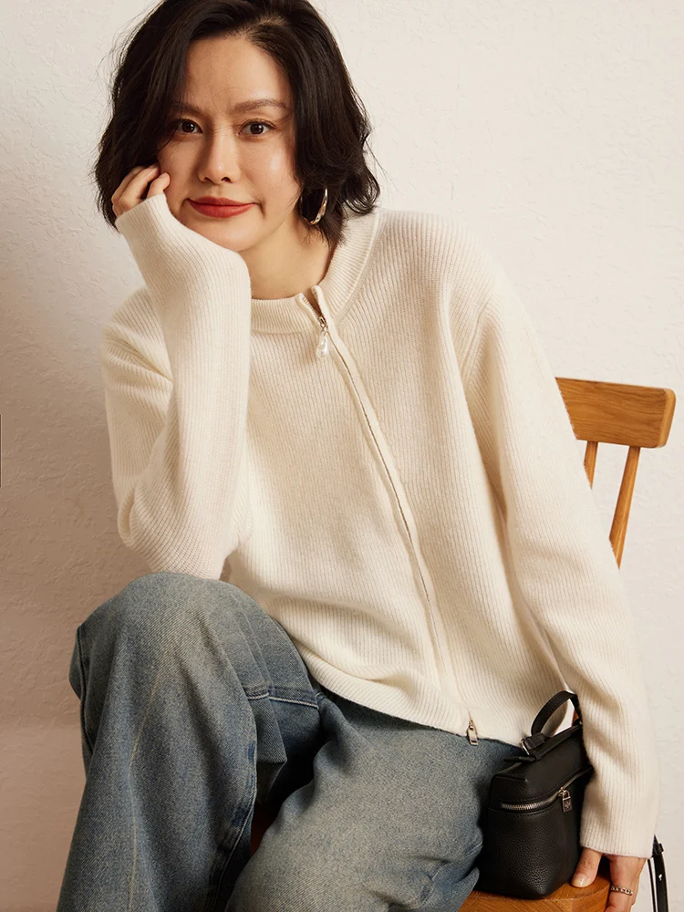 Korean Women’s Cashmere Sweater O-Neck Pullover 100% Cashmere Diagonal Zipper Cardigan Knitted Autumn Winter Thick Warm Clothes