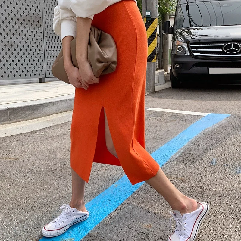 Coréen Dongdaemun Faion confortable nouveau à la mode femmes coupe ajustée fendu doux décontracté tricoté jupe f corps jupe