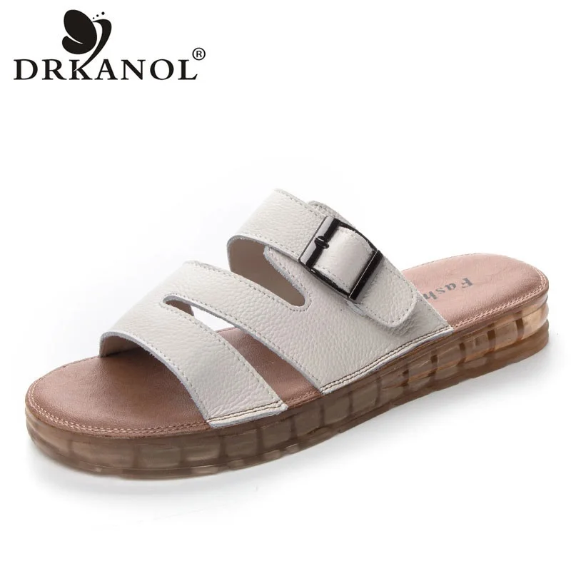 

DRKANOL Concise Genuine Leather Slippers Women Summer Open Toe Slip On Sandals Shoes Ladies Comfort Outside Casual Slides Beige