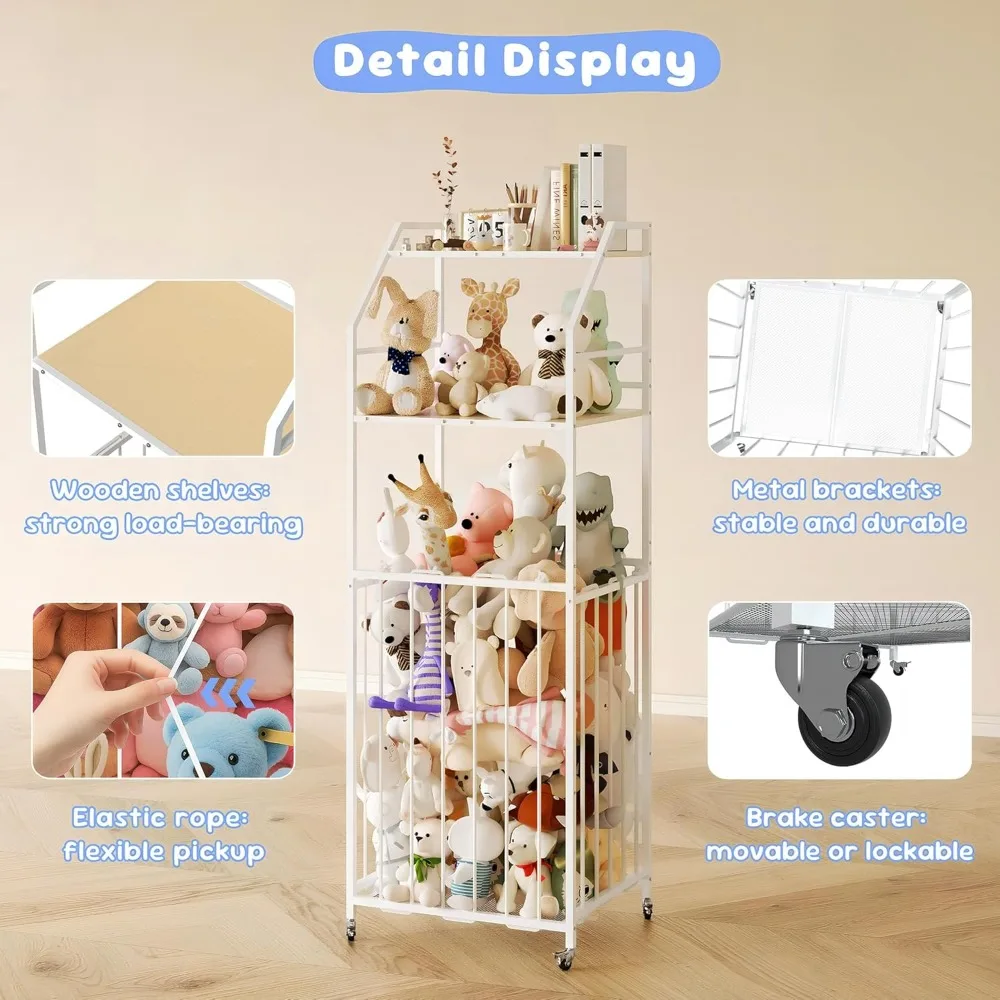 حديقة حيوانات كبيرة محشوة بالخشب والمعدن، حامل ألعاب قطيفة من 3 طبقات مع عجلات فرامل لتوفير المساحة