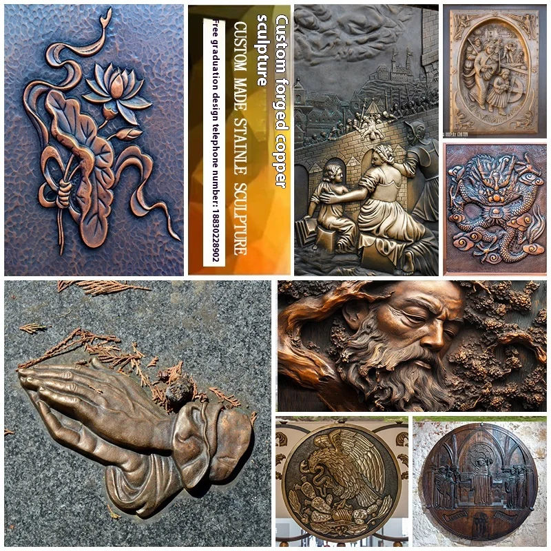 Scultura in rilievo di rame fuso rosso in rame forgiato, ornamento culturale da parete per esterni, scuole, quadrati, piastrelle per soffitto in fibra di vetro