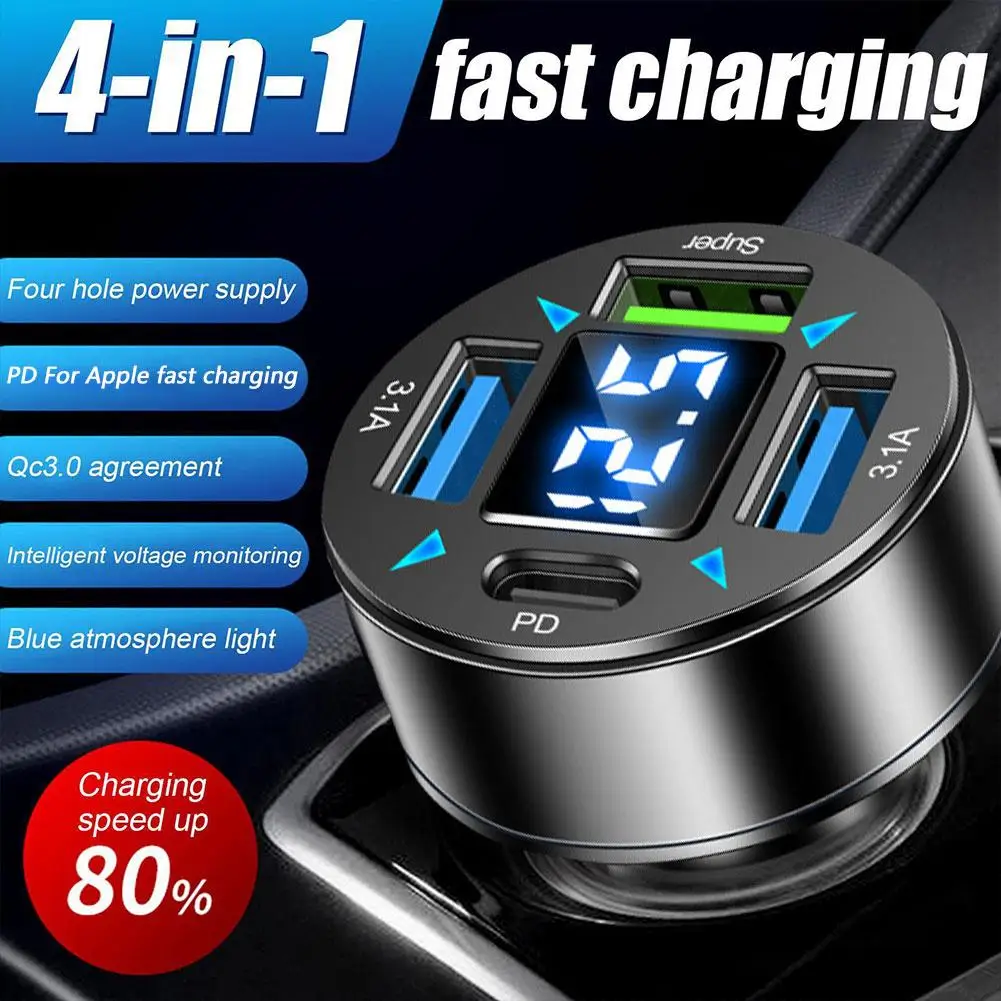 4-Port USB Adapter Blue Light Fast Car Charger QC 3.0 PD Quick Charge Adapter LED Digital Display For Huawei Z4R4