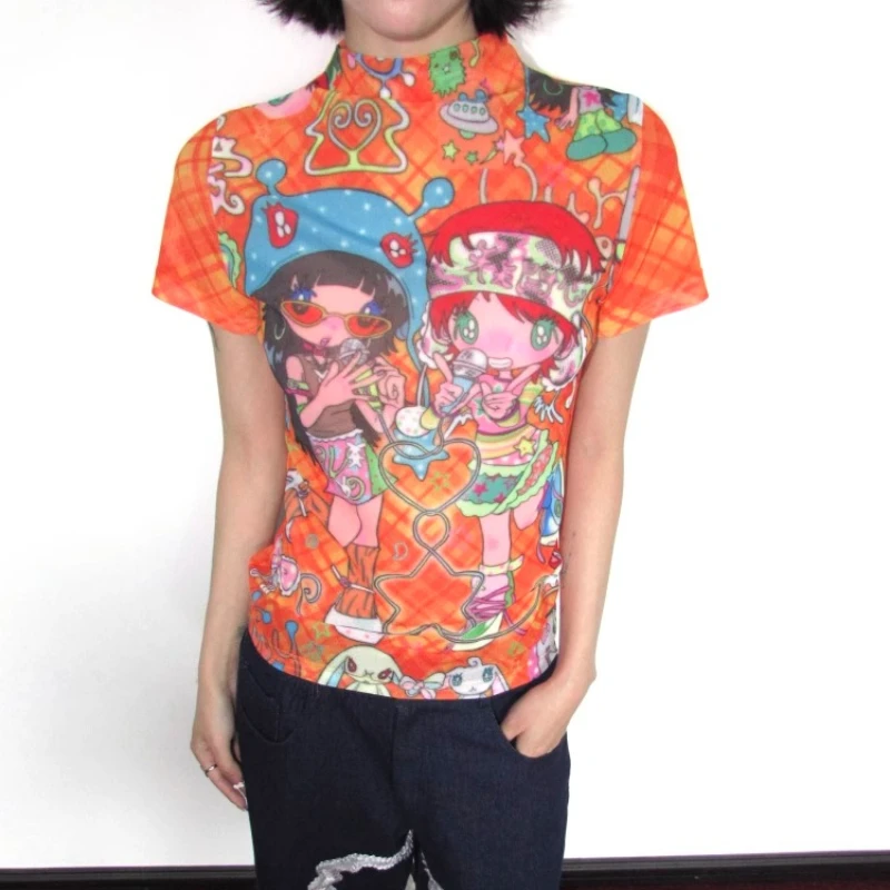 Japanese Original Women's Clothing Summer New Cartoon Animation Printing Tees Candy Two-color Mesh Short-sleeved T-shirt Ladies