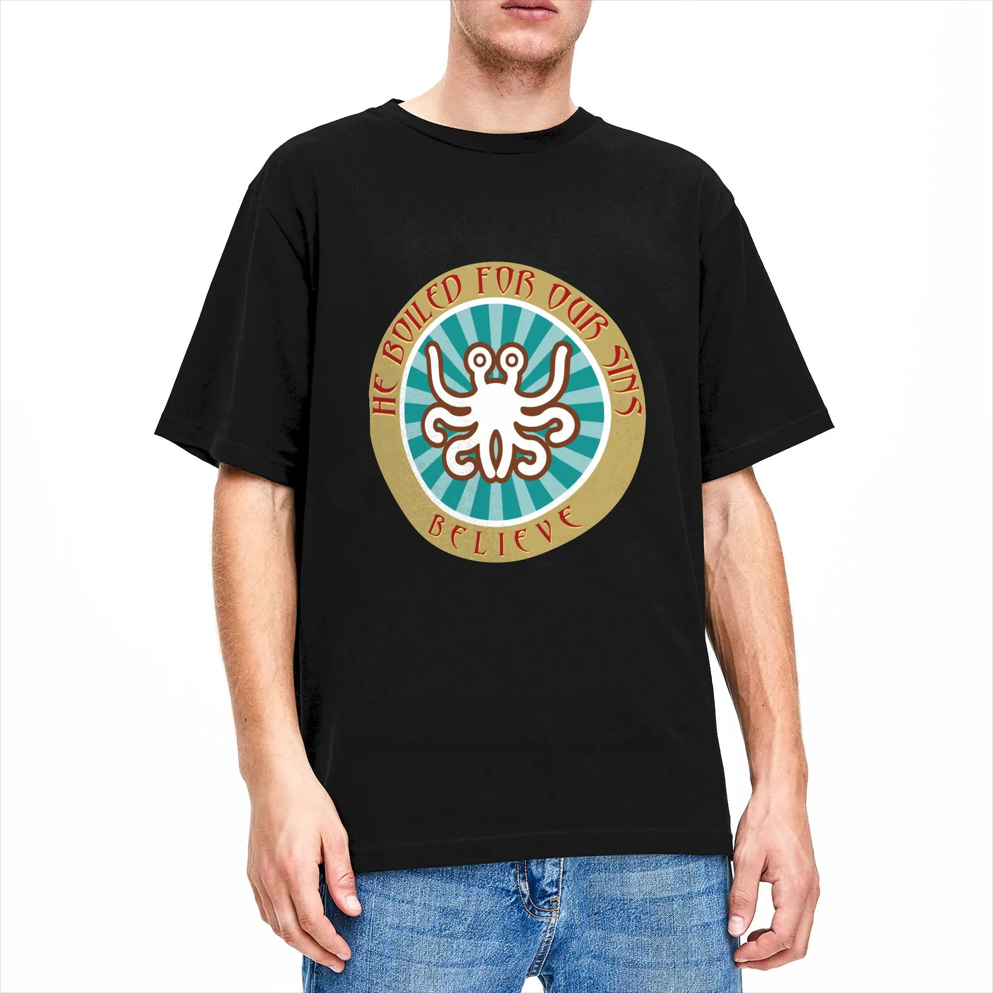Hip Hop He Boiled for Your Sins T-Shirt Round Neck Top Tee Flying Spaghetti Monsterism FSM Religion Church Cotton Summer Top Tee