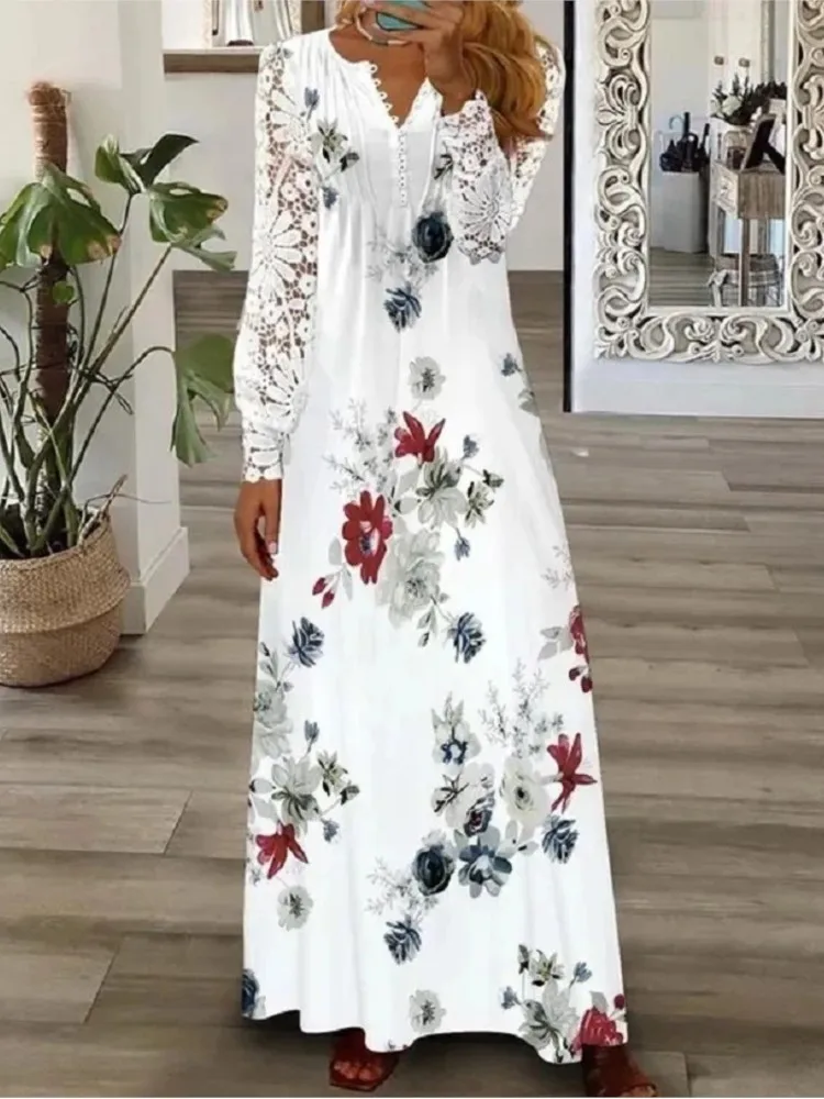 Elegante Oansatz einreiher Spitze Lange ärmeln Lange Kleid Für Frauen Modische Puff-hülse Blumen Druck Lose Kleid weibliche