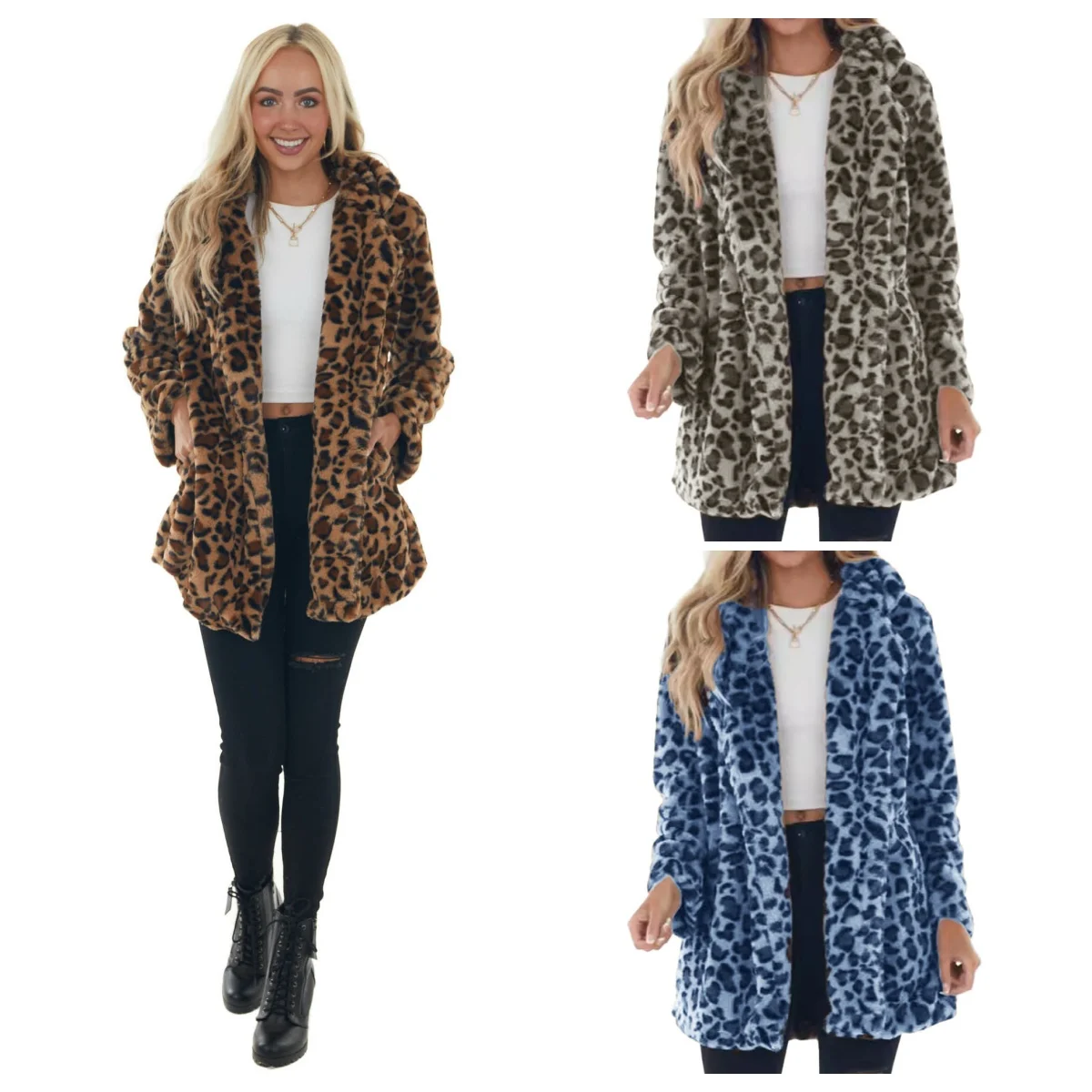 

Women's Winter Leopard Print Faux Fur Loose Fit Jacket with Pockets - Stylish Elegant Outerwear 2025