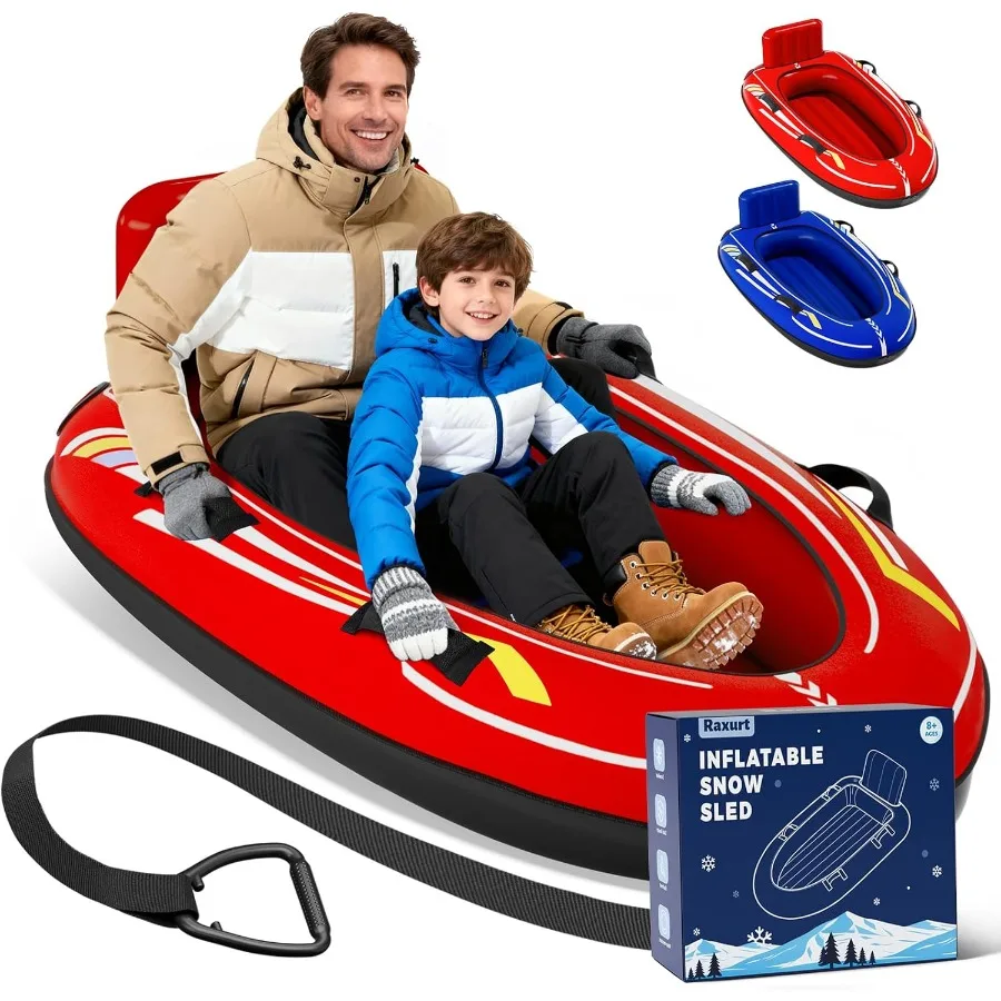 

Heavy Duty Snow Sled with Premium Canvas Cover, 2 Person Inflatable Snow Tube with Backrest & Bottom Anti-Skid Strips, Snow Sled