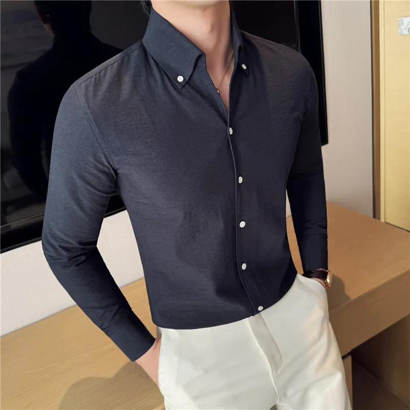 

summer Handsome V-neck Men's Long Sleeved Shirt High Quality Casual Business Social Shirts Solid Color Versatile Streetwear Tops