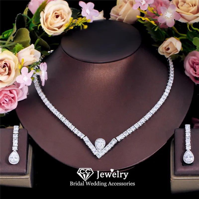 

CC Trendy Necklace Earring Set for Wedding Women Accessories Bridal Bijoux Engagement Jewellery Water Drop Shape Chain T0259