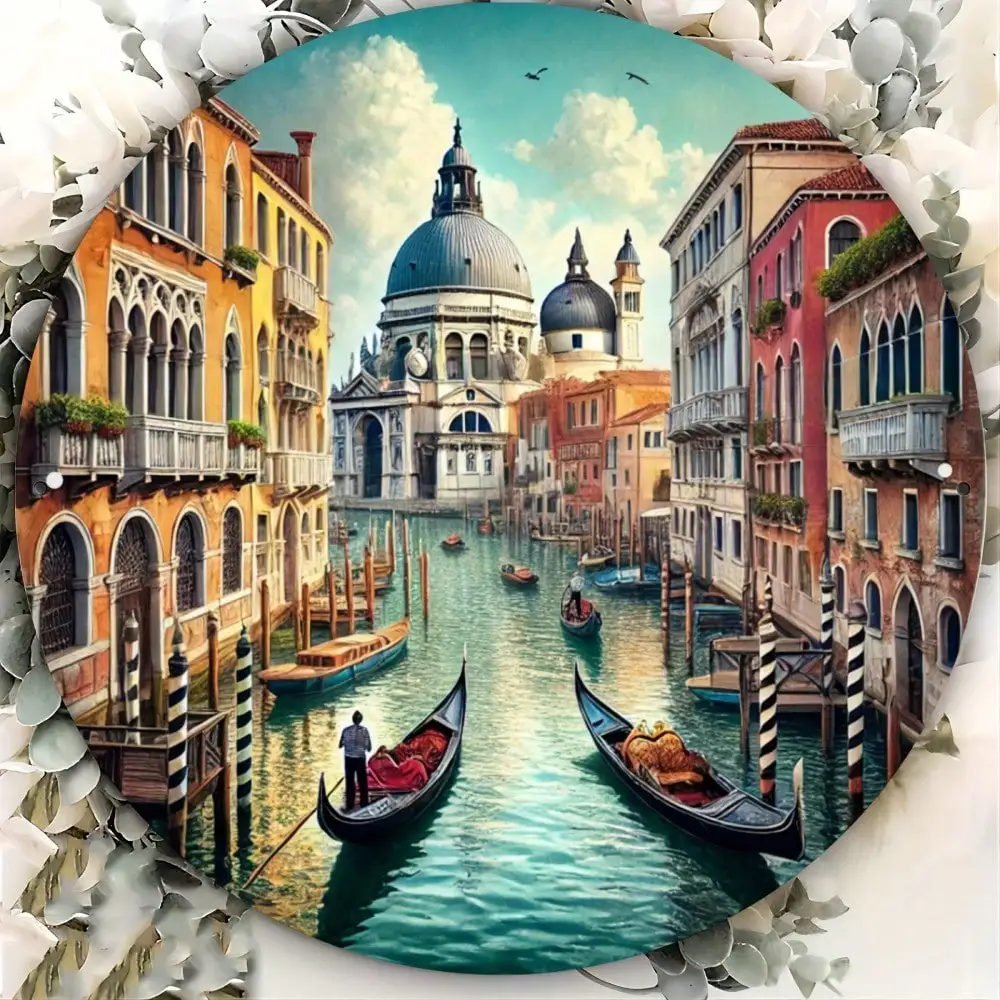 CIFBUY Venetian Gondola Iron Wall Art 8 Inch Round Metal Sign 2D Foil Embossed Classic Italian Home Decor Living Room Poster