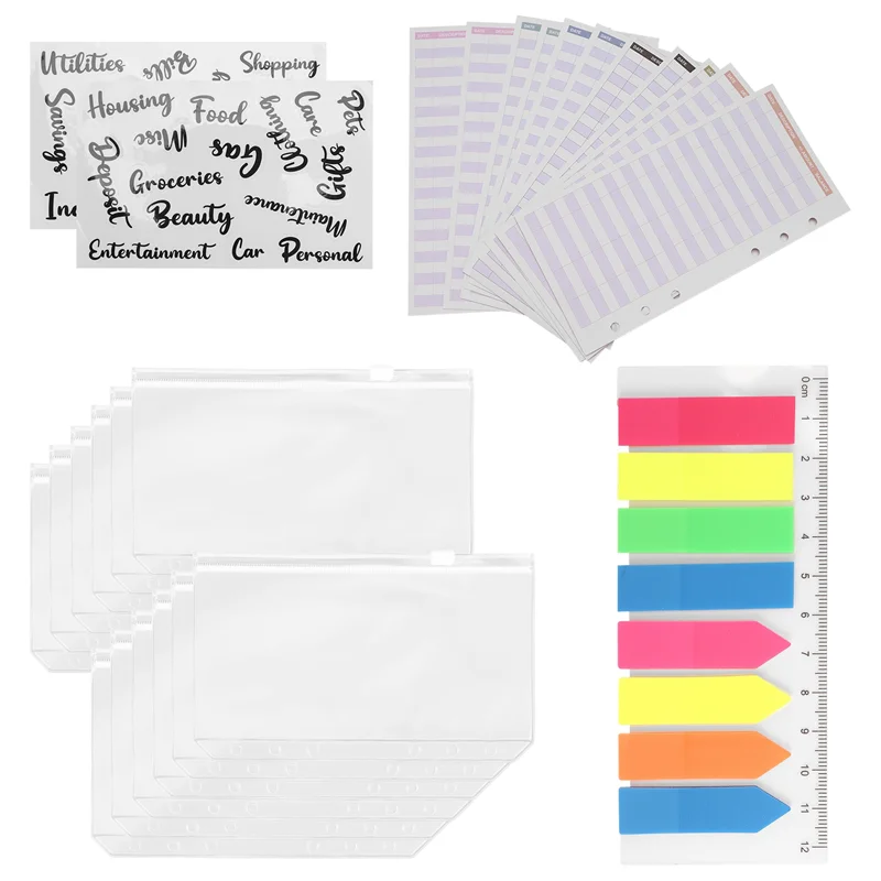 Práctico paquete de 27 juegos de carpetas de bolsillo A6, carpeta A6, bolsillos con cremallera, hojas de presupuesto de gastos, etiquetas adhesivas para sobres de efectivo, página de neón