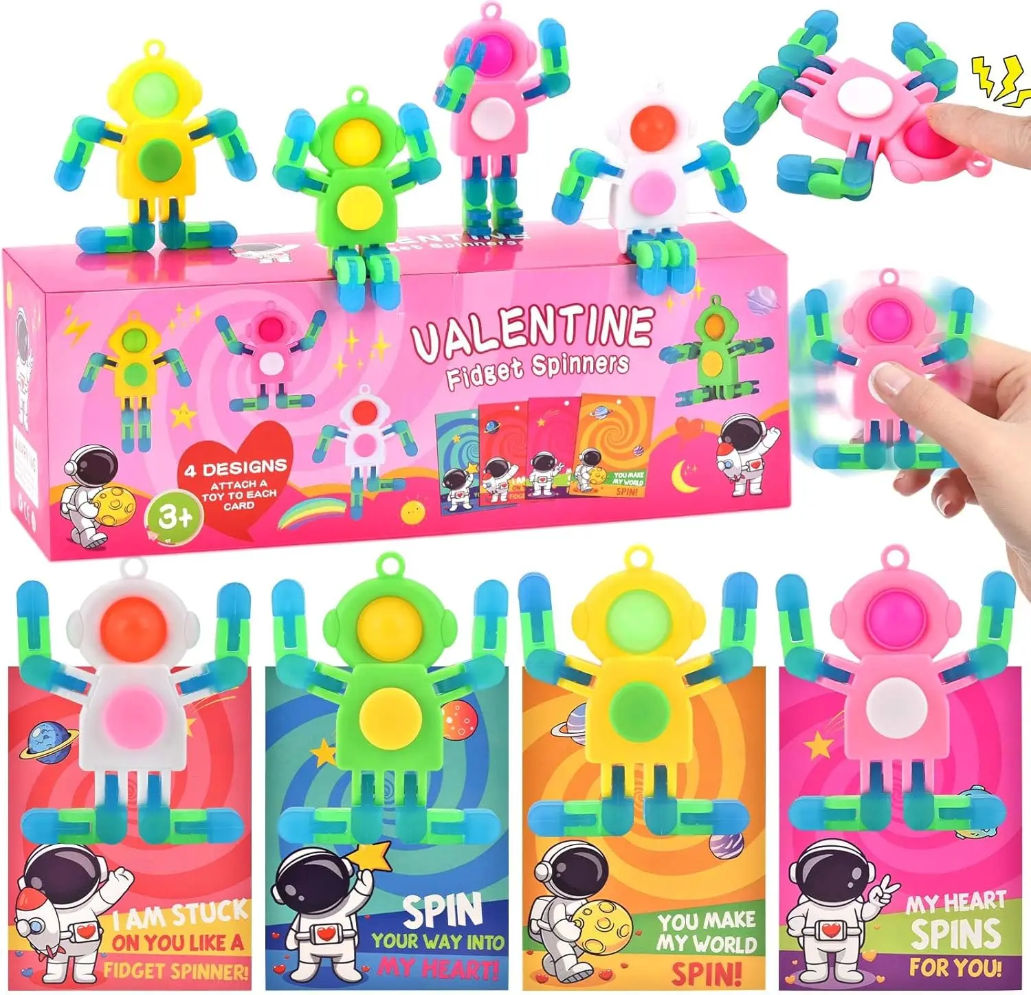 

Набор из 28 подарков ко Дню святого Валентина для детей: игрушки-спиннеры POP Fidget в виде космонавтов и роботов с карточками