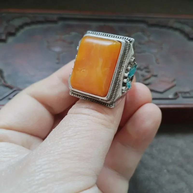 Vintage Tibetan Silver Ring with Patina, Inlaid Square Amber, Cloisonne Phoenix Design Band