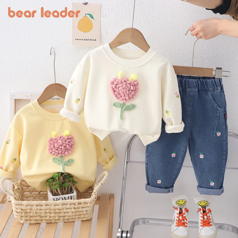 Bear Leader Girls' Beige Clothing Autumn Long Sleeved Round Neck Top+jeans 2-piece Three-dimensional Flower Spring Outfit Set