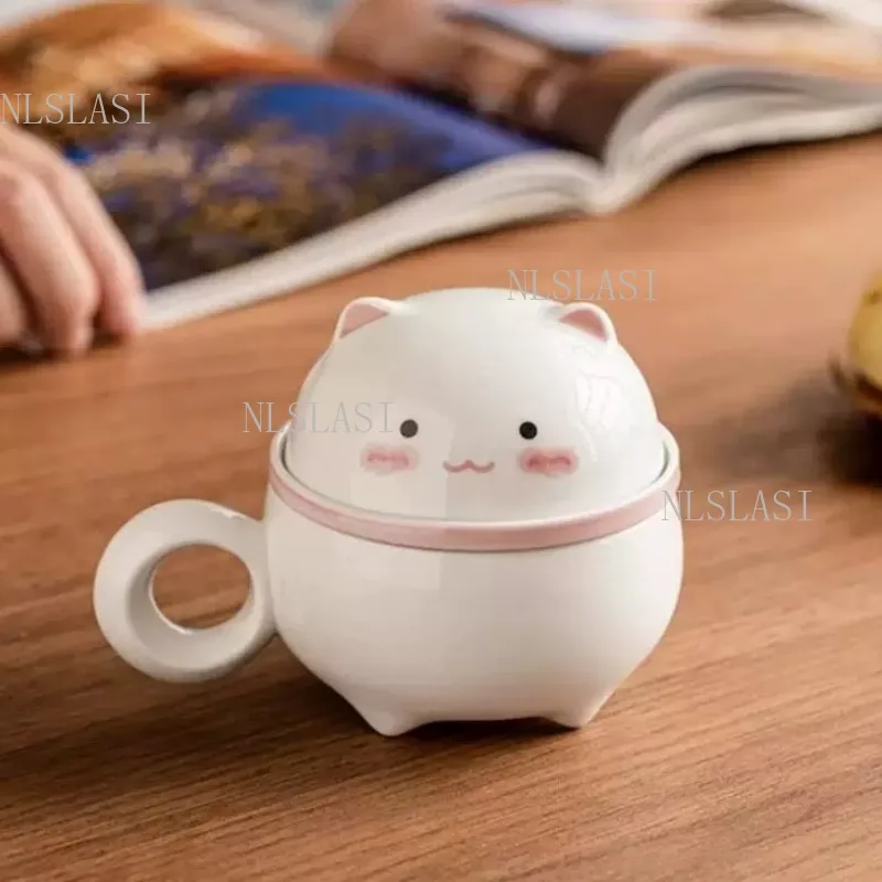Taza de Té de Cerámica con Forma de Gato Adorable, con Infusor y Tapa, Taza Coladora de Té con Forma de Animal Kawaii, Taza para Degustación de Té para Hogar, Oficina y Regalo
