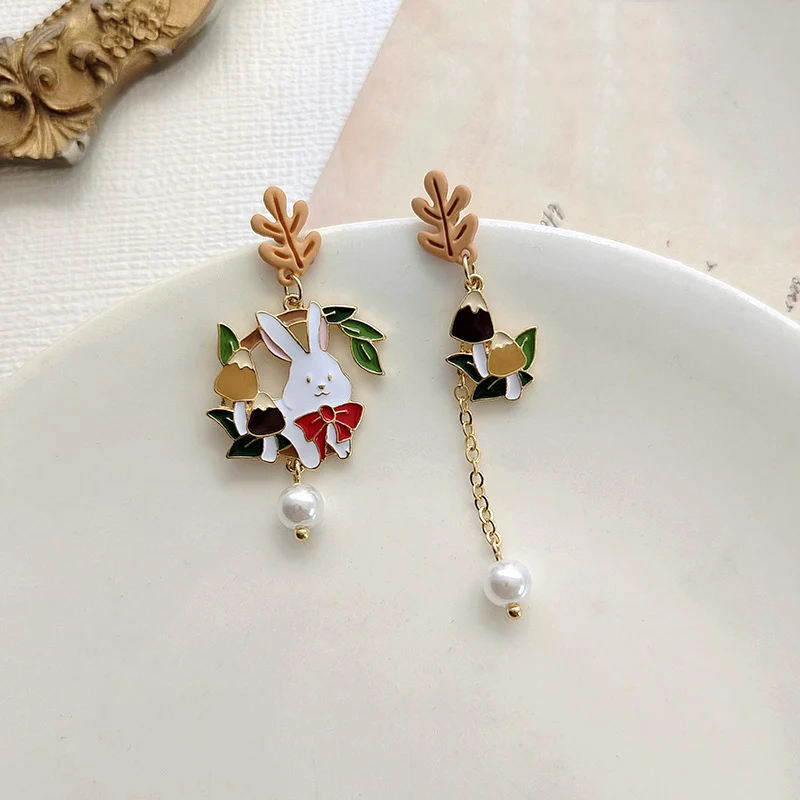 Korean Fashion Cute Animal Cat Fox Flower Drop Earrings For Women Kitten Rabbit Astronaut Asymmetric Earring Girls Party Jewelry