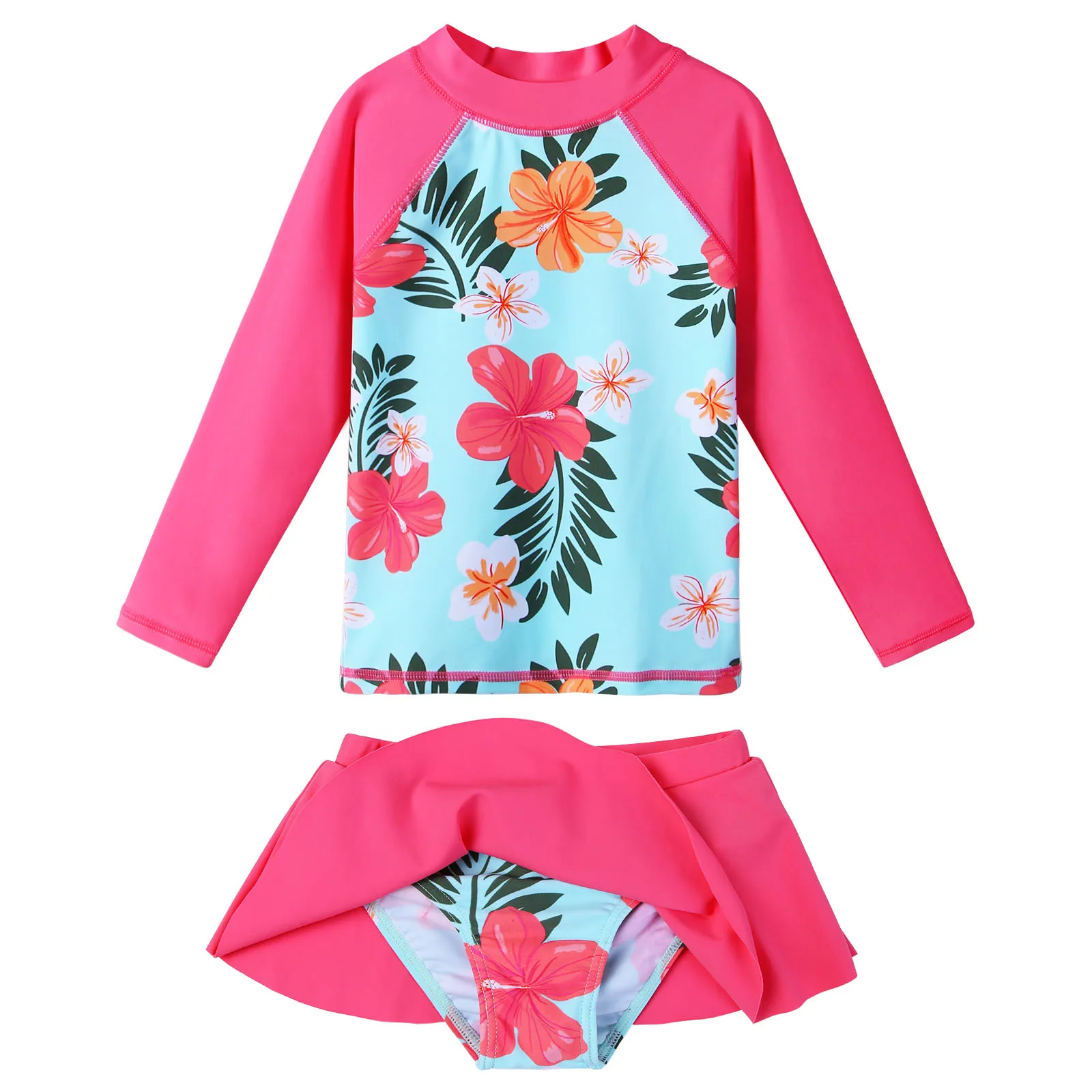 

BAOHULU Girls Two Pieces Swimsuits with Skirt Set Long Sleeve Rash Guards UPF 50+ UV Protection Swimwear Sunblock Bathing Suit