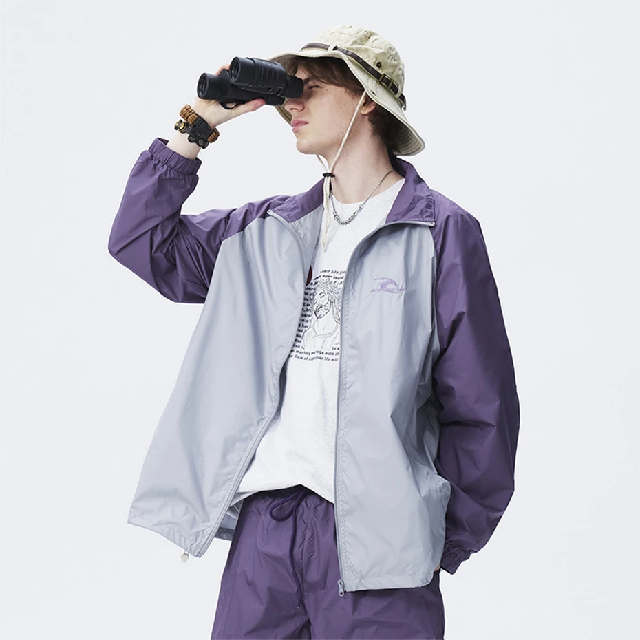 

Summer Sunscreen Clothing Jackets Men Retro Color Block Sport Coats Oversized Streetwear 2025 New Thin Harajuku Casual Jackets