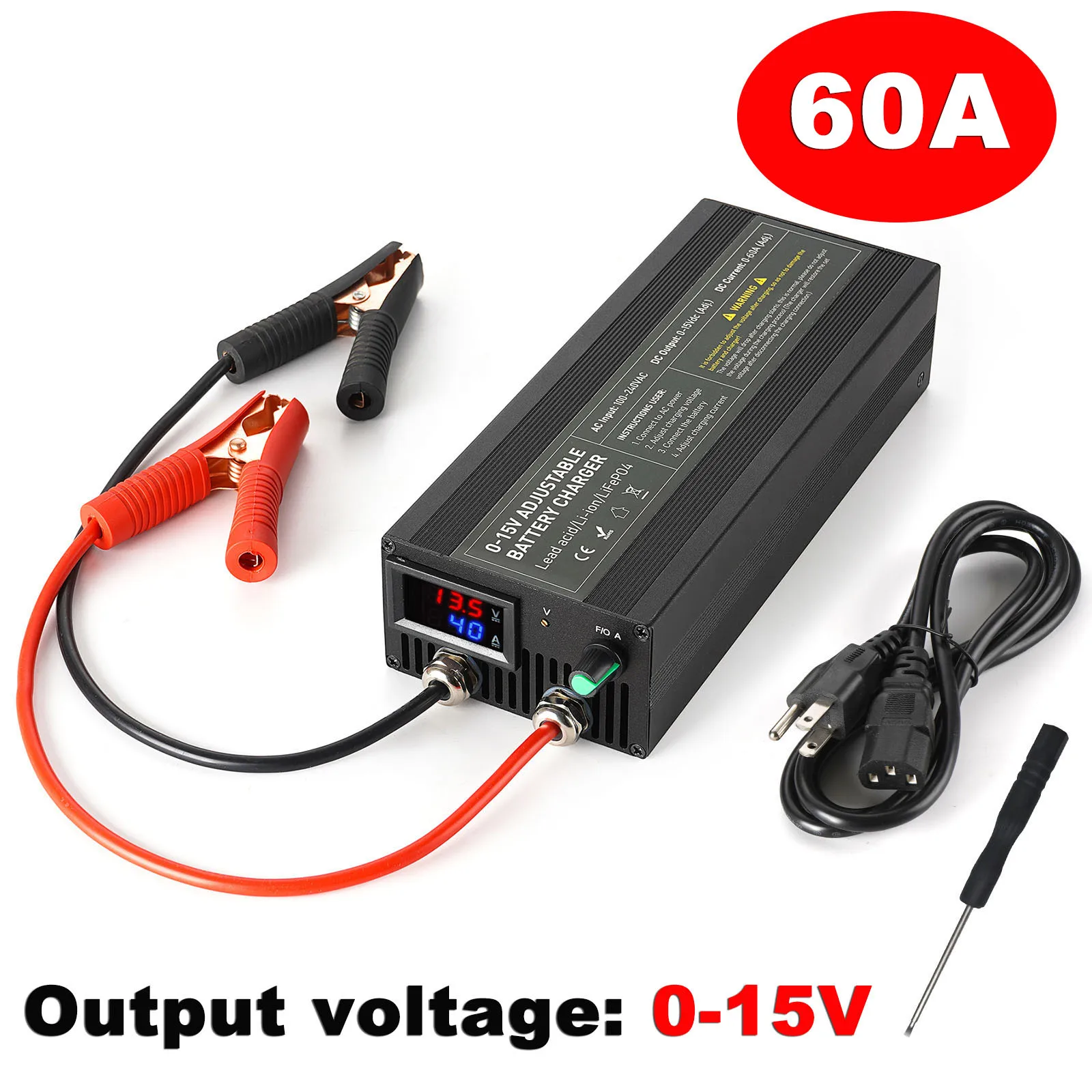 0-15V Adjustable Battery Charge with Clip 60A 14.6V Lifepo4 Charger Car Fast Charge Lithium Battery Charger High Power Adapter