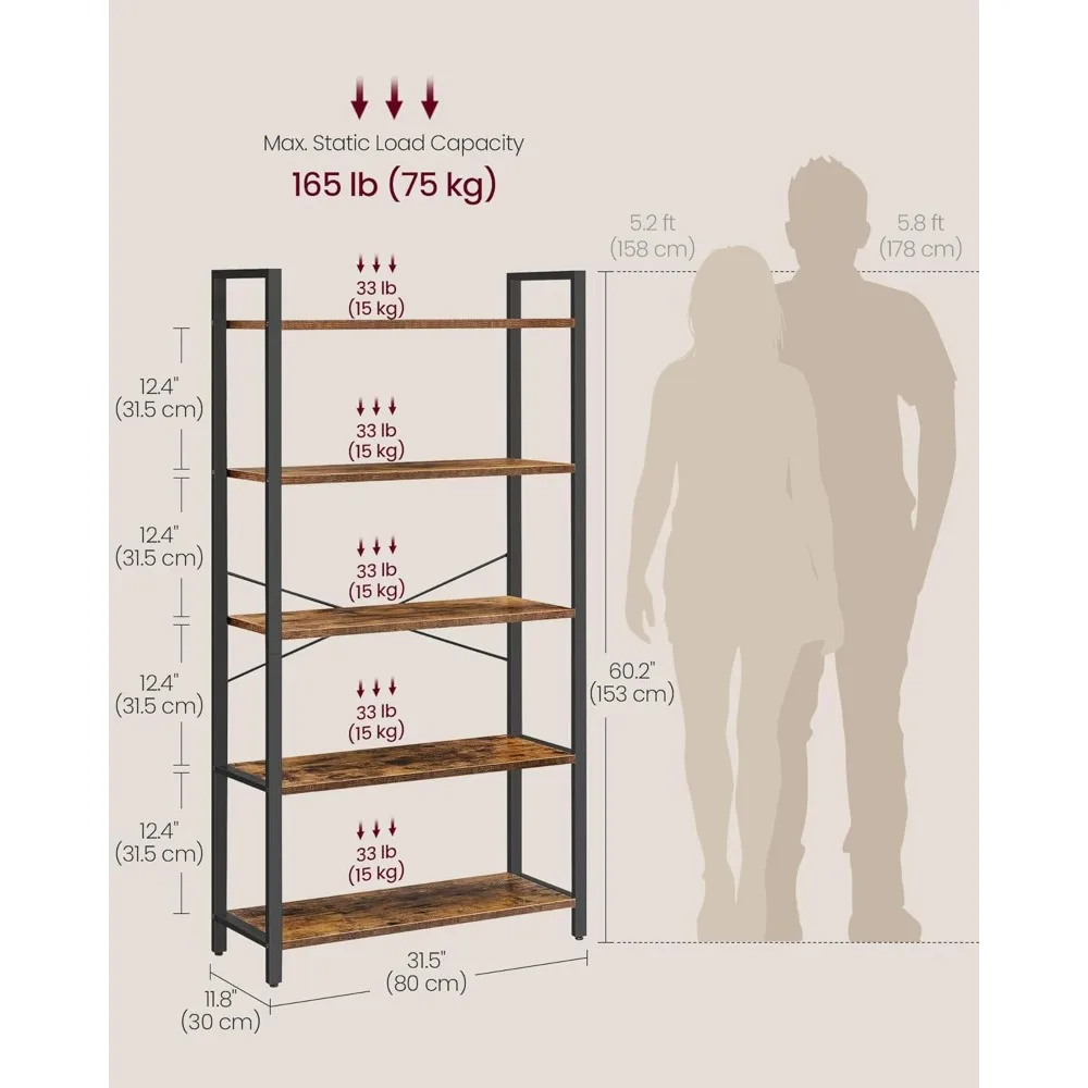 ชั้นวางหนังสือ VASAGLE 5 ชั้น, ตู้หนังสือโครงเหล็ก, ชั้นวางหนังสือสำหรับห้องนั่งเล่น, โฮมออฟฟิศ, ห้องทำงาน, 11.8 x 31.5 x 60.2 นิ้ว