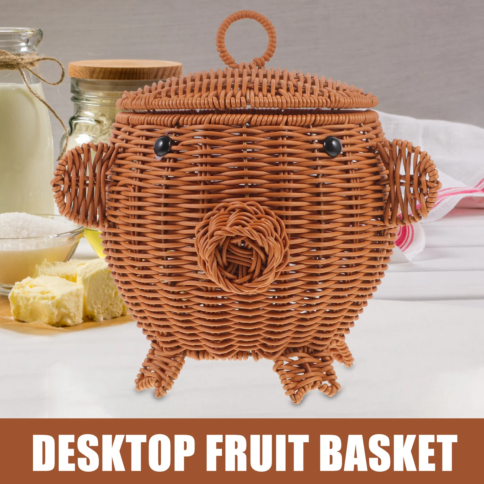 

Decorative Pig Shaped Woven Desktop Fruit Basket Vintage Style Breathable Lid Multifunction Storage Basket for Kitchen Snacks