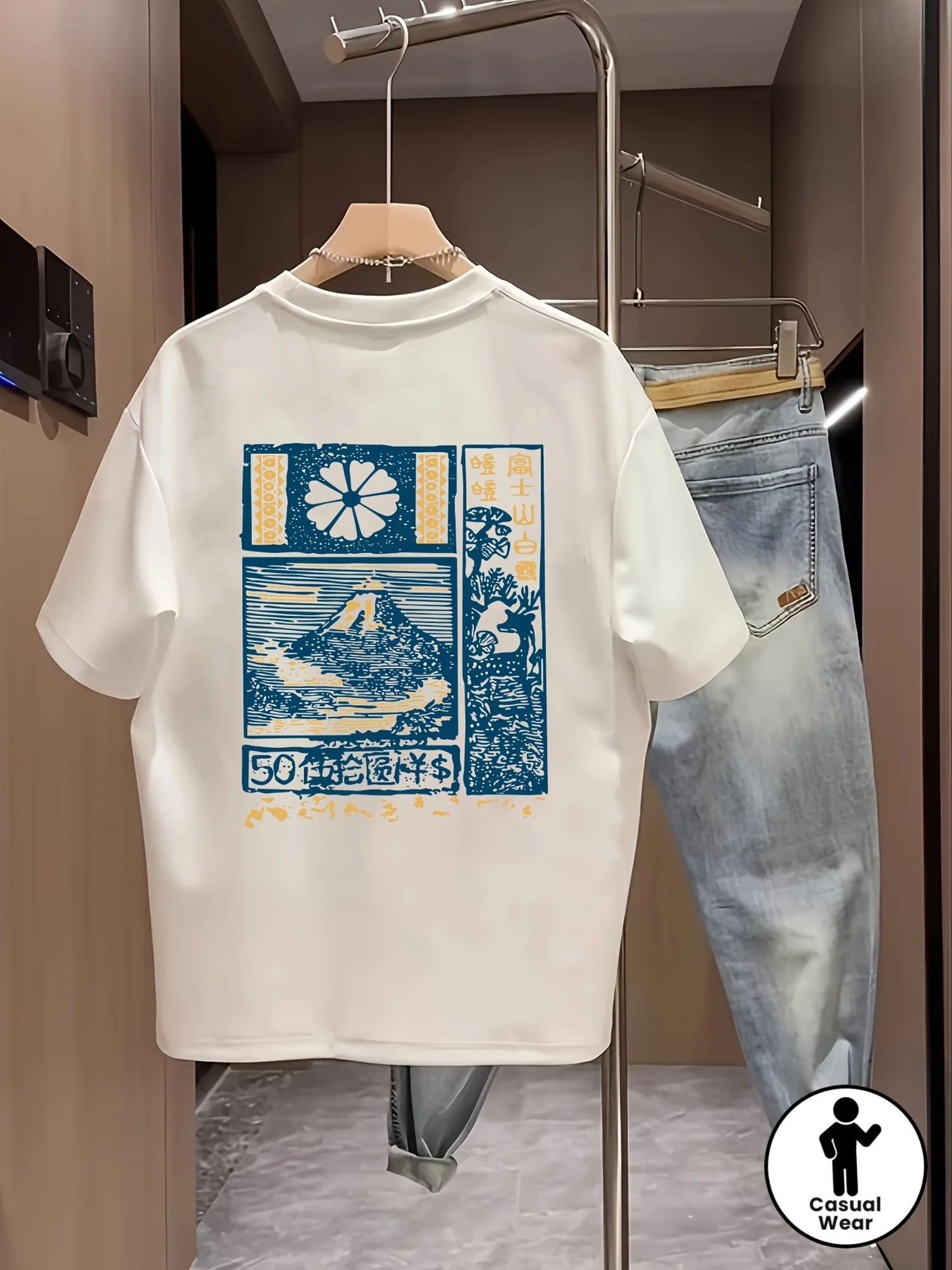 Stylish 100 Cotton Mens T shirt with Vintage Woodblock Mount Fuji Art Ideal for Summer Urban Style and Everyday Wear