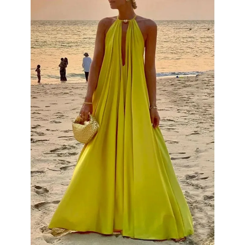 Tinha فساتين حفلات الأعياد باللون الأخضر/الأصفر للنساء 2025 فستان صيفي على شكل حرف a بطيات مجوفة فستان طويل أنيق ملابس نسائية 182717 #4