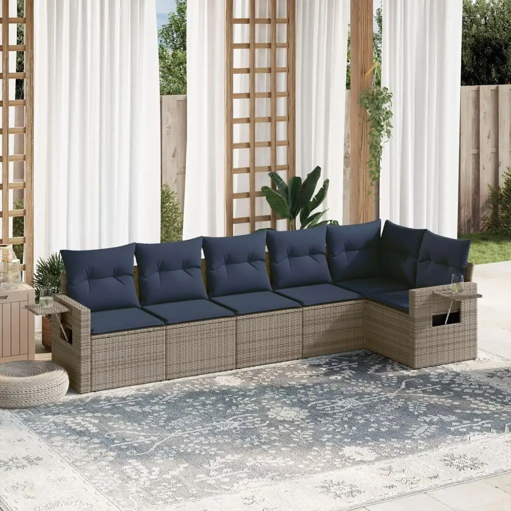

6 Piece Outdoor Patio Sofa Set Gray Poly Rattan Cushions Comfortable Seating Garden Furniture
