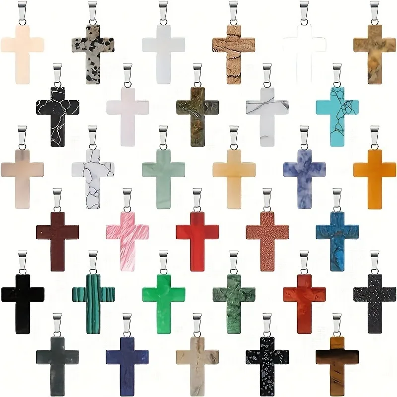 

20 Pieces Of Natural Stone Pendant Mixed Color Crystal Necklace For Men And Women Cross Shaped Gemstone Buckle Necklace, Jewelry