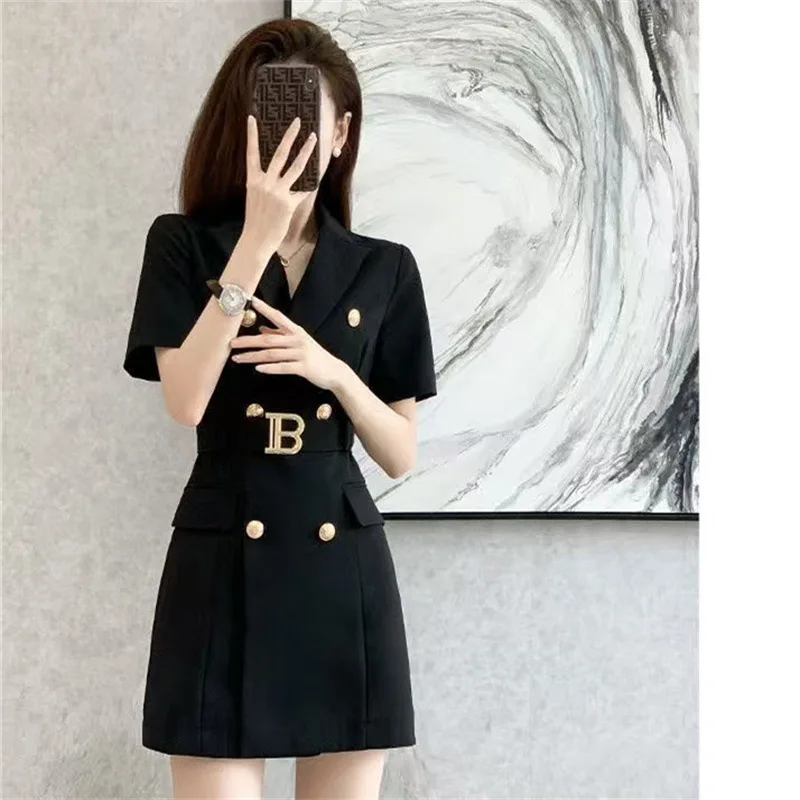 Spring Summer Short-Sleeve Slim Suit Dress Minimalist Professional Women's Mini Suit Dress Double-Breasted Belt Vestidos Black
