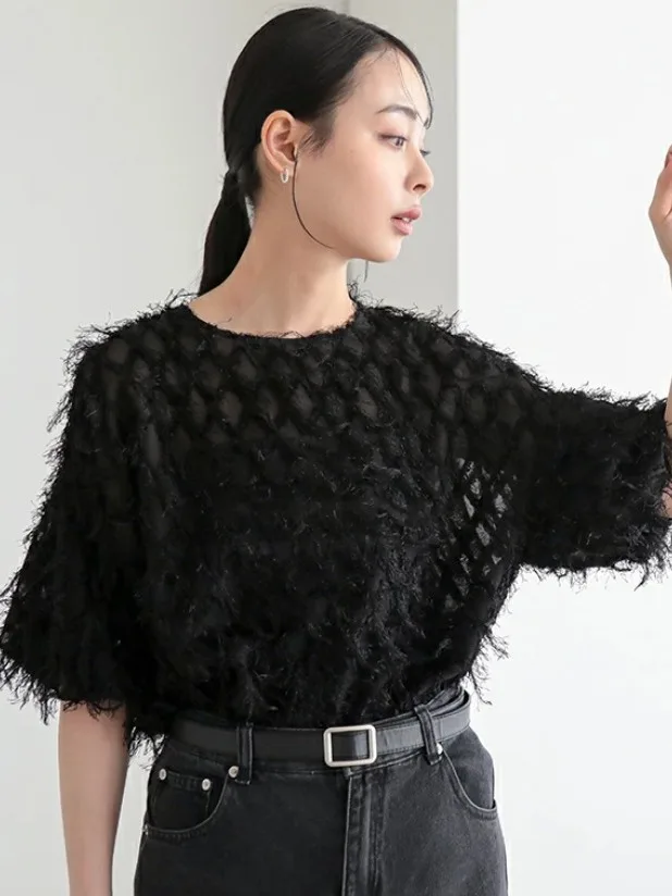 Fashionable Japanese Style Women's T-Shirt Feather Fringe Semi-Transparent Short Sleeve Loose Fit round Neck Thin Polyester
