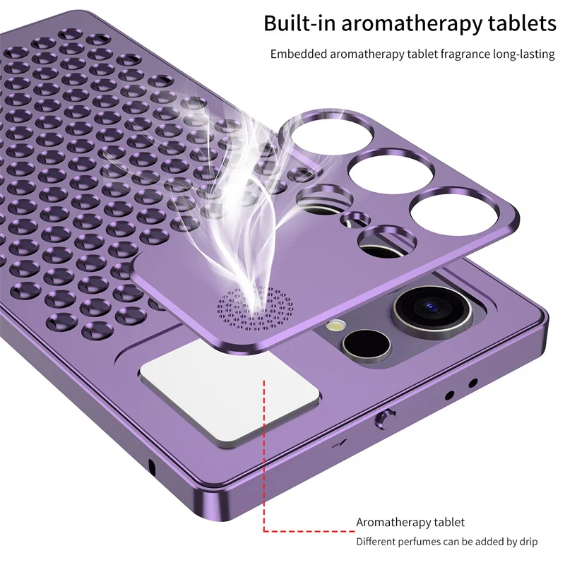 

Luxury Metal Cooling Phone Case for Samsung Galaxy S23 S24 S25 Ultra S24 Plus Detachable Honeycomb Hole Aromatherapy Phone Cover