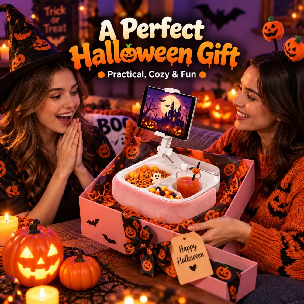 Stojak na tablet w kształcie poduszki na Halloween z tacy do przechowywania, obrotowy o 360 stopni, marki Vyvylabs. °   Obracany uchwyt na telefon do tabletu Kindle o przekątnej ekranu 4,7-13" – idealny na łóżko, sofę, biurko, doskonały pom — zdjęcie produktu 6
