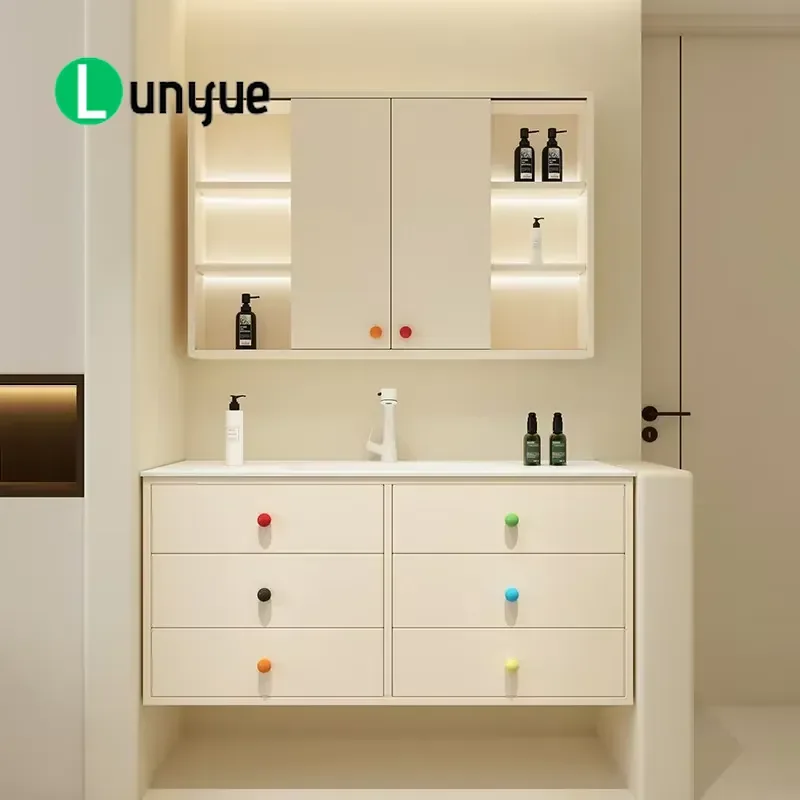 Cream Dopamine Style Sliding Door Mirror Cabinet with Integrated Ceramic Basin Bathroom Vanity Furniture